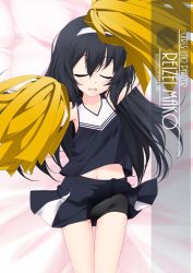 Rule 34 | 1girl, artist name, bike shorts, black hair, black shorts, blue skirt, character name, cheerleader, chestnut mouth, closed eyes, clothes lift, copyright name, cowboy shot, facing viewer, girls und panzer, hairband, highres, holding, holding pom poms, inaba shiki, long hair, looking at viewer, lying, pleated skirt, pom pom (cheerleading), pom poms, reizei mako, shirt, shorts, shorts under skirt, skirt, skirt lift, sleeveless, sleeveless shirt, solo, white hairband