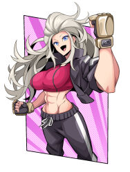 Rule 34 | 1girl, abs, black jacket, black pants, blue eyes, breasts, fingerless gloves, gloves, highres, jacket, kunio-kun series, large breasts, long hair, marian kelly, midriff, muscular, muscular female, navel, open mouth, pants, pechamaju, river city girls, solo, track pants, upper body, white background, white hair