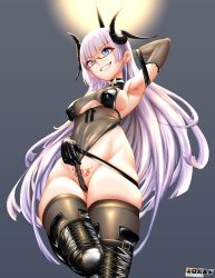 Rule 34 | 1g no izumi, 1girl, absurdres, arm behind head, armpits, artist name, azur lane, black footwear, black gloves, black leotard, black thighhighs, blue eyes, blunt bangs, boots, breasts, clothing cutout, commentary request, covered erect nipples, covered navel, demon horns, elbow gloves, erobaldo, floating hair, from above, glasses, gloves, gneisenau (azur lane), gneisenau (nightmarish succubus) (azur lane), grey background, halloween costume, highres, horns, huge filesize, leotard, leotard pull, long hair, medium breasts, parted lips, pubic tattoo, pulled by self, purple hair, rectangular eyewear, red-framed eyewear, see-through, signature, simple background, skindentation, smile, solo, standing, tattoo, thick thighs, thigh boots, thighhighs, thighs, underboob, underboob cutout, very long hair