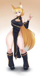 Rule 34 | 1girl, :3, alice (flanaki), animal ear fluff, animal ears, bare shoulders, blonde hair, blue eyes, borrowed character, breast hold, breasts, cleavage cutout, clothing cutout, commentary, commission, detached sleeves, english commentary, fox ears, fox shadow puppet, full body, gold trim, gradient background, highres, jiffic, large breasts, long hair, looking at viewer, no panties, original, pelvic curtain, simple background, solo, thighs, very long hair