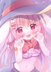 Rule 34 | 1girl, ;3, ahoge, animal ears, bare shoulders, bow, bowtie, bra, breasts, cleavage, hair ornament, halloween, hanasaki chiyu, hanasakichu, hat, heart, heart-shaped pupils, highres, indie virtual youtuber, large hat, long hair, looking at viewer, multicolored hair, navel, one eye closed, pink eyes, pink hair, pumpkin, rabbit ears, red bow, red bowtie, small breasts, smile, solo, streaked hair, symbol-shaped pupils, tattoo, underwear, virtual youtuber, witch, witch hat
