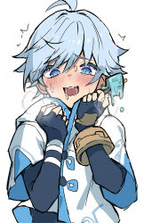 Rule 34 | 1boy, ahoge, blue eyes, blue hair, child, chinese clothes, chongyun (genshin impact), commentary request, fingerless gloves, food, genshin impact, gloves, hair between eyes, highres, holding, hood, long sleeves, looking at viewer, male focus, open mouth, popsicle, short hair, simple background, solo, sweat, teeth, upper teeth only, white background, yoruhachi