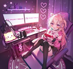 Rule 34 | 1girl, animal ear headphones, animal ears, arm cutout, black choker, black gloves, black skirt, black thighhighs, blonde hair, blush, bow, bowtie, cat ear headphones, chair, character name, choker, collared shirt, computer, computer keyboard, computer mouse, controller, cropped shirt, curtains, desk, dim lighting, electric fan, fake animal ears, feet on chair, fingerless gloves, full body, game controller, gaming chair, gloves, hair between eyes, headphones, heart, highres, holding, holding controller, holding game controller, jacket, knees up, light particles, long hair, looking at viewer, luna nyann, microphone, midriff, miniskirt, momose nina, monitor, multiple monitors, navel, on chair, open mouth, pink bow, pink bowtie, pink eyes, pink jacket, pink nails, project nebula, shirt, sitting, skirt, smile, solo, star (symbol), swivel chair, thigh strap, thighhighs, two side up, virtual youtuber