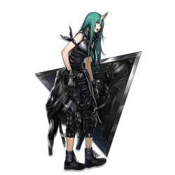 Rule 34 | 1girl, arknights, arm scarf, arm strap, armor, black footwear, black gloves, black pants, black scarf, black shirt, boots, breastplate, breasts, clothes around waist, cross-laced footwear, full body, gloves, green eyes, green hair, hair between eyes, high collar, holding, holding shield, horns, hoshiguma (arknights), infukun, jacket, jacket around waist, knee pads, lace-up boots, large breasts, long hair, looking at viewer, official art, open mouth, pants, scarf, shield, shirt, sidelocks, single horn, skin-covered horns, sleeveless, solo, tachi-e, toned, transparent background, yellow eyes