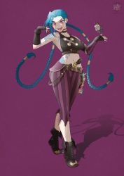 Rule 34 | 1girl, absurdres, arcane: league of legends, blue hair, boots, braid, breasts, explosive, gloves, grenade, highres, jinx (league of legends), league of legends, long hair, twin braids, twintails, very long hair, weapons