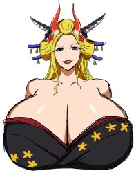 Rule 34 | 1girl, ass, black maria (one piece), blonde hair, blue eyes, breasts, clothes, gigantic breasts, highres, horns, huge ass, huge breasts, japanese clothes, kimono, long hair, looking at viewer, momijizx, one piece, simple background, smile, solo, tall female, white background