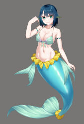 Rule 34 | 1girl, aqua bikini, awono nanaumi, bikini, blue hair, breasts, cleavage, closed mouth, collarbone, commentary request, fins, fukami nana (awono nanaumi), full body, green eyes, grey background, hair flaps, hand up, highres, large breasts, looking at viewer, mermaid, monster girl, navel, original, short hair, simple background, smile, solo, swimsuit