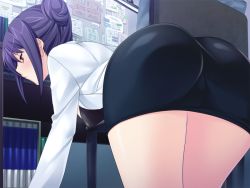 Rule 34 | 1girl, ass, ayase hazuki, bent over, blush, breasts, from behind, game cg, lab coat, legs, miniskirt, purple hair, red eyes, serious, short hair, skirt, solo, tappuri ijitte ageru, thighs
