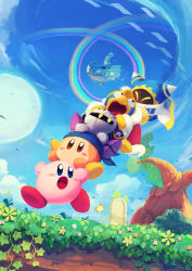 Rule 34 | absurdres, armor, bandana, bandana waddle dee, blush stickers, carrying, cloak, creature, grass, highres, king dedede, kirby, kirby&#039;s return to dream land, kirby (series), looking at another, lor starcutter, magolor, mask, meta knight, moon, nintendo, no humans, open mouth, pauldrons, piggyback, rainbow, rayman limbs, shoulder armor, sky, suyasuyabi, tree
