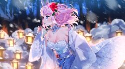 Rule 34 | 1girl, absurdres, bare shoulders, blue eyes, blurry, blurry background, blush, braid, breasts, cheli (kso1564), cleavage, collarbone, copyright request, depth of field, flower, hair flower, hair intakes, hair ornament, hand up, highres, japanese clothes, kimono, lantern, long sleeves, medium breasts, night, obi, outdoors, parted lips, pink hair, rabbit girl, red flower, sash, sleeves past wrists, snow, snowing, solo, virtual youtuber, white kimono, wide sleeves