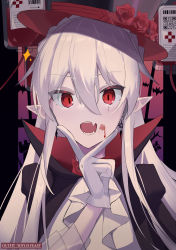 Rule 34 | 1girl, absurdres, arknights, ascot, black cape, black hat, blood, blood bag, cape, earrings, fang, fangs, flower, gloves, hair between eyes, hand up, hat, hat flower, hereokita, highres, jewelry, long hair, long sleeves, looking at viewer, official alternate costume, pale skin, pointy ears, red eyes, red flower, scar, scar across eye, skin fang, solo, straight-on, top hat, v over mouth, warfarin (arknights), warfarin (the feast) (arknights), white ascot, white gloves, white hair