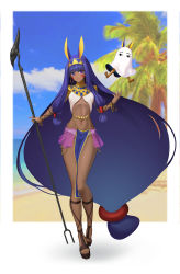 Rule 34 | 1girl, absurdres, animal ears, armor, beach, belly chain, blue sky, blurry, blurry background, bracelet, breasts, closed mouth, dark-skinned female, dark skin, day, earrings, egyptian, egyptian clothes, facepaint, facial mark, fate/grand order, fate (series), full body, hair tubes, hairband, highres, hoop earrings, jackal ears, jewelry, long hair, looking at viewer, low-tied long hair, medjed (fate), navel, ninec, nitocris (fate), palm tree, pauldrons, pelvic curtain, photoshop (medium), purple eyes, purple hair, shoulder armor, sidelocks, sky, small breasts, smile, staff, tree, usekh collar, very long hair