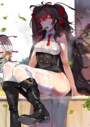 Rule 34 | 1girl, absurdres, bare shoulders, black footwear, black hair, blush, boots, breasts, brown eyes, buttons, cleavage cutout, clothing cutout, corset, covered erect nipples, double-breasted, electric fan, floating hair, girls&#039; frontline, gloves, hair between eyes, hair ribbon, highres, knee boots, long hair, looking at viewer, medium breasts, necktie, ribbon, see-through, shirt, sidelocks, sitting, sleeveless, sleeveless shirt, solo, sweat, thighhighs, thighs, twintails, type 97 (girls&#039; frontline), underwear, very long hair, wet, wet clothes, white thighhighs, wind, wind lift, yueqin (monnpiano)
