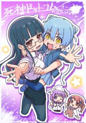 Rule 34 | 4girls, :3, arm up, black hair, black pantyhose, blue hair, blue hoodie, blue necktie, blue thighhighs, blunt bangs, blush, breast press, breasts, brown eyes, brown hair, brown vest, chibi, chibi inset, collared shirt, commentary request, cone hair bun, copyright name, corrupted twitter file, cropped legs, cropped torso, death merumeru, double bun, dress shirt, drop shadow, fangs, floating hair, glasses, gradient background, hair bun, hair ornament, hair scrunchie, halftone, halftone background, harukaze kodama, highres, holding, holding stick, hood, hood down, hoodie, inukai mirai, large breasts, leg lock, long hair, long sleeves, looking at viewer, multiple girls, necktie, nekonyan (inaba31415), one eye closed, open clothes, open hoodie, open mouth, outline, outstretched arm, pantyhose, pencil skirt, purple background, purple eyes, purple hair, raised eyebrows, reaching, reaching towards viewer, red eyes, school uniform, scrunchie, semi-rimless eyewear, serafuku, sharp teeth, shinigami dot com, shirt, shirt tucked in, shoulder spikes, skirt, smile, spikes, splatter, standing leg lock, star (symbol), stick, sweatdrop, teeth, thighhighs, toukyou tama, translation request, twintails, two side up, v-shaped eyebrows, vest, white background, white outline, white shirt, yellow eyes