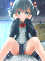 Rule 34 | 1girl, green eyes, grey hair, indoors, looking at viewer, original, pov, school uniform, shirt, short twintails, sitting, sitting on person, skirt, smile, straddling, tachiinu, twintails