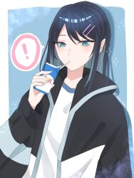 Rule 34 | !, 1girl, absurdres, ado (utaite), black hair, black jacket, blue background, blue eyes, blue hair, blush, border, chando (ado), closed mouth, cloud nine inc, colored inner hair, commentary, drinking straw, drinking straw in mouth, hair between eyes, hair ornament, hairclip, highres, jacket, long sleeves, looking at viewer, mole, mole under eye, multicolored hair, open clothes, open jacket, outside border, shirt, sidelocks, solo, sparkle, spoken exclamation mark, tsukuno tsuki, twitter username, two-tone hair, upper body, utaite, white border, white shirt