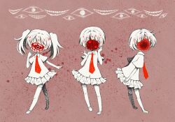 Rule 34 | .flow, 3girls, blood, blood on face, blood splatter, collared shirt, colored skin, commentary, eleanor (ohmyeleanor), guro, hand up, hands up, kaibutsu, long hair, looking at viewer, monster girl, multiple girls, necktie, pleated skirt, red background, red necktie, shirt, short hair, short sleeves, skirt, standing, teeth, thighhighs, twintails, white footwear, white shirt, white skin, white skirt, white thighhighs