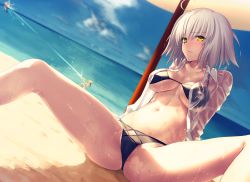 Rule 34 | 1girl, ahoge, artoria pendragon (swimsuit archer) (first ascension) (fate), beach, bikini, black bikini, blouse, blush, day, fate/grand order, fate (series), frown, jeanne d&#039;arc (fate), jeanne d&#039;arc alter (avenger) (fate), jeanne d&#039;arc alter (fate), kawanakajima, looking at viewer, open clothes, open shirt, outdoors, see-through, shirt, sitting, solo, solo focus, spread legs, stomach, swimsuit, wet, wet clothes, wet shirt, yellow eyes