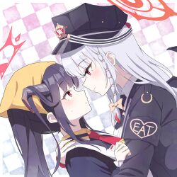 2girls absurdres black_hair black_hat blue_archive blush border braid closed_mouth commentary_request demon_horns eye_contact face-to-face from_side fuuka_(blue_archive) grey_hair hair_on_horn halo haruna_(blue_archive) hat headscarf highres horns hug long_hair long_sleeves looking_at_another multiple_girls red_eyes red_halo sweatdrop upper_body vector_(dmlddmld00) white_border yuri