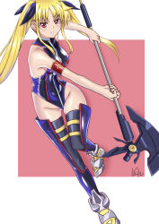 Rule 34 | 1girl, absurdres, bardiche (bullova form) (nanoha), bardiche (nanoha), black leotard, black thighhighs, blonde hair, breasts, fate testarossa, fate testarossa (blaze iii), highleg, highleg leotard, highres, holding, holding weapon, izumino yousei, leotard, long hair, looking at viewer, lyrical nanoha, mahou shoujo lyrical nanoha, medium breasts, red eyes, shiny skin, solo, thighhighs, twintails, weapon, white background