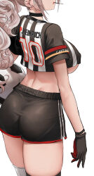 Rule 34 | 1girl, absurdres, ass, asymmetrical legwear, azur lane, back, ball, black shirt, black shorts, black thighhighs, breasts, choker, crop top, crop top overhang, dishwasher1910, food, head out of frame, highres, large breasts, long hair, midriff, mismatched legwear, mouth hold, pocky, prinz heinrich (azur lane), shirt, short shorts, short sleeves, shorts, soccer ball, soccer uniform, solo, sportswear, striped clothes, striped shirt, thighhighs, thighs, underboob, wavy hair, white thighhighs