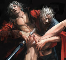 Rule 34 | 00s, 2boys, abs, anal, black background, capcom, clothed sex, clothes pull, dante (devil may cry), devil may cry (series), holding, holding sword, holding weapon, incest, katana, male focus, male penetrated, multiple boys, open clothes, open shirt, penis, penis piercing, piercing, prince albert, sex, shirt, silver hair, spiked hair, sword, vergil (devil may cry), weapon, yamato (devil may cry), yaoi