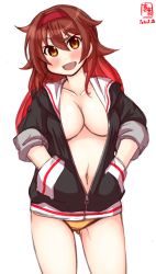 Rule 34 | 1girl, adapted costume, alternate costume, artist logo, black jacket, breasts, brown eyes, brown hair, cleavage, commentary request, contrapposto, cowboy shot, dated, gradient hair, hair flaps, hairband, hands in pockets, highres, hood, hooded jacket, hoodie, jacket, kanon (kurogane knights), kantai collection, large breasts, looking at viewer, multicolored hair, naked hoodie, navel, no bra, no pants, panties, red hair, red hairband, shiratsuyu (kancolle), simple background, smile, solo, underwear, white background, yellow panties