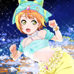 Rule 34 | 1girl, animal hands, artist name, artist request, bare shoulders, bracelet, cat paws, earrings, fang, female focus, gem, genie, hair between eyes, hair ornament, hairpin, hoshizora rin, jewelry, looking at viewer, love live!, love live! school idol festival, love live! school idol project, midriff, navel, necklace, night, night sky, off-shoulder shirt, off shoulder, orange hair, paw pose, pearl necklace, shirt, short hair, skirt, sky, solo, star (symbol), turban, yellow eyes, yellow skirt