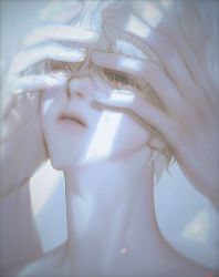 Rule 34 | 1boy, blonde hair, blue eyes, duckchuni, eyelashes, fingernails, hair over eyes, half-closed eyes, hands on another&#039;s face, highres, korean commentary, looking at viewer, one eye closed, original, out of frame, parted lips, peeking through fingers, portrait, short hair, solo focus, sunlight