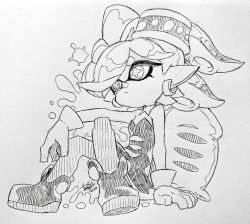 Rule 34 | 1girl, 2020, bare shoulders, closed mouth, cross-shaped pupils, detached collar, dress, earrings, frown, full body, gloves, inkling, isamu-ki (yuuki), jewelry, marie (splatoon), mole, mole under eye, monochrome, nintendo, paint splatter, pantyhose, pointy ears, short hair, simple background, sitting, solo, splatoon (series), splatoon 1, strapless, strapless dress, suction cups, symbol-shaped pupils, tentacle hair, traditional media, white background