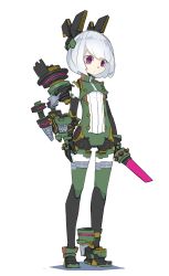 Rule 34 | 1girl, absurdres, android, cheri zao, dagger, full body, green thighhighs, headgear, highres, joints, knife, machinery, original, pink eyes, robot joints, short hair, simple background, solo, standing, thighhighs, weapon, white background, white hair, zettai ryouiki