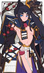 Rule 34 | 1girl, armor, black hair, blue eyes, blue sky, breast curtains, breasts, closed mouth, detached sleeves, fate/grand order, fate (series), feather hair ornament, feathers, flower, gloves, hacco mayu, hair bun, hair ornament, hat, highres, japanese armor, long hair, looking at viewer, medium breasts, navel, panties, parted bangs, red panties, side ponytail, sidelocks, single side bun, sky, smile, solo, underwear, ushiwakamaru (fate), very long hair, wide sleeves