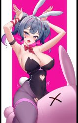 Rule 34 | 1girl, absurdres, animal ears, armpits, arms up, black leotard, blue eyes, blue hair, blush, breasts, bu li, cleavage, clothing cutout, covered navel, detached collar, fake animal ears, fake tail, hair ornament, hatsune miku, heart cutout, highres, large breasts, leotard, looking at viewer, medium hair, open mouth, outside border, pantyhose, playboy bunny, pure pure (rabbit hole), pussy juice, pussy juice trail, rabbit ears, rabbit hole (vocaloid), rabbit tail, smile, solo, tail, torn clothes, torn pantyhose, twintails, vocaloid, x hair ornament