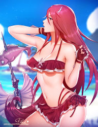 Rule 34 | 1girl, artist name, bare shoulders, bikini, bikini skirt, blue sky, blurry, blurry background, breasts, commentary, cordelia (fire emblem), cordelia (summer) (fire emblem), day, english commentary, fingerless gloves, fire emblem, fire emblem awakening, fire emblem heroes, fish, gloves, hair ornament, hairclip, long hair, looking away, medium breasts, multi-strapped bikini, navel, nintendo, outdoors, parted lips, pink lady mage, profile, pulling own clothes, red eyes, red hair, signature, sky, solo, swimsuit, untying, very long hair