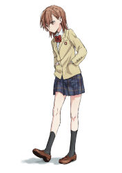 1girl aic_oekaki blazer bow bowtie brown_eyes brown_footwear brown_hair full_body hands_in_pockets highres jacket loafers long_sleeves medium_hair misaka_mikoto plaid_clothes plaid_skirt red_bow red_bowtie school_uniform shoes simple_background skirt solo standing toaru_kagaku_no_railgun toaru_majutsu_no_index tokiwadai_school_uniform white_background winter_uniform yellow_jacket