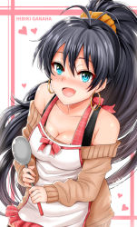 Rule 34 | 1girl, aqua eyes, bad id, bad pixiv id, bare shoulders, black hair, black thighhighs, blush, breasts, character name, cleavage, collarbone, commentary request, earrings, fang, ganaha hibiki, heart, idolmaster, idolmaster (classic), inu (marukome), jewelry, ladle, long hair, long sleeves, md5 mismatch, off shoulder, open mouth, ponytail, scrunchie, shinkon santaku, skirt, smile, solo, thighhighs, very long hair, zettai ryouiki