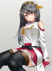 Rule 34 | 10s, 1girl, arm support, black hair, brown eyes, gradient background, hairband, haruna (kancolle), japanese clothes, kantai collection, keita (tundereyuina), long hair, nontraditional miko, smile, solo