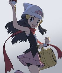 Rule 34 | 1girl, :d, bad id, bad twitter id, bag, beanie, bike shorts, bike shorts under skirt, black hair, black thighhighs, boots, bracelet, clenched hand, commentary request, creatures (company), dawn (pokemon), duffel bag, eyelashes, floating hair, floating scarf, game freak, grey eyes, hair ornament, hairclip, hat, highres, holding, holding poke ball, jewelry, long hair, nintendo, open mouth, over-kneehighs, pink footwear, pink skirt, poke ball, poke ball (basic), pokemon, pokemon dppt, poketch, scarf, shirt, skirt, sleeveless, sleeveless shirt, smile, solo, teeth, thighhighs, tongue, upper teeth only, watch, white hat, wristwatch, yellow bag, yoshi (moco1)