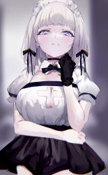 1girl absurdres black_gloves black_ribbon black_skirt breasts cleavage_cutout clothing_cutout collared_shirt commentary disgust english_commentary gloves hair_ribbon hand_on_own_hip hand_up highres large_breasts looking_at_viewer maid_headdress medium_hair mile_(off8mile) miniskirt original puffy_short_sleeves puffy_sleeves purple_eyes ribbon shirt short_sleeves single_glove skirt solo white_hair white_shirt