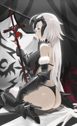 Rule 34 | 1girl, adapted costume, ahoge, armored boots, ass, bare shoulders, black footwear, black gloves, black panties, boots, breasts, closed mouth, commentary, detached sleeves, fate/grand order, fate (series), flag, flower, fur-trimmed sleeves, fur trim, gloves, headpiece, high heel boots, high heels, highres, holding, holding sword, holding weapon, jeanne d&#039;arc alter (avenger) (fate), jeanne d&#039;arc alter (fate), large breasts, long hair, looking at viewer, panties, profile, red flower, red rose, rose, sitting, solo, sword, underwear, very long hair, wariza, weapon, white flag, white hair, yellow eyes, yjjwonm