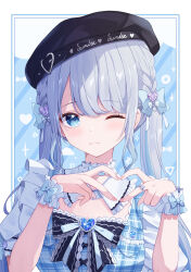 Rule 34 | 1girl, ;), blue bow, blue dress, blue eyes, bow, braid, breast pocket, character name, choker, clothes writing, dress, french braid, frilled choker, frills, grey hair, hair bow, heart, heart-shaped gem, heart hands, highres, kaga sumire, lace-trimmed bow, lace trim, light smile, lolita fashion, long hair, looking at viewer, official alternate costume, one eye closed, pink gemstone, pink nails, plaid, plaid dress, pocket, puffy short sleeves, puffy sleeves, shinshia (sinsia 0928), short sleeves, smile, solo, swept bangs, twintails, upper body, virtual youtuber, vspo!, white choker, wrist bow