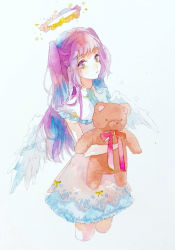 Rule 34 | 1girl, bare arms, blue background, blue hair, blunt bangs, bow, cowboy shot, cropped legs, feathered wings, frilled skirt, frills, gradient eyes, halo, highres, holding, holding stuffed toy, looking at viewer, multicolored eyes, original, painting (medium), purple eyes, purple hair, red bow, simple background, skirt, solo, srnmomo, standing, stuffed animal, stuffed toy, teddy bear, traditional media, twintails, watercolor (medium), white wings, wings, yellow eyes
