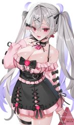 Rule 34 | 1girl, bare shoulders, black choker, breasts, choker, cleavage, detached sleeves, ear piercing, earrings, fang, frills, grey hair, hair ornament, hairclip, highres, hwansang jungdog, jewelry, jirai kei, large breasts, long hair, long sleeves, looking at viewer, mask, mouth mask, original, piercing, red eyes, shirt, skin fang, skirt, smile, solo, thigh strap, twintails, white background