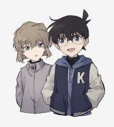 Rule 34 | 1boy, 1girl, black-framed eyewear, black hair, blue eyes, blue hoodie, child, commentary request, cropped torso, drawstring, edogawa conan, facing viewer, green eyes, grey jacket, haibara ai, hands in pockets, highres, hood, hood down, hoodie, jacket, light brown hair, looking at another, meitantei conan, open clothes, open jacket, open mouth, parted lips, segami, short hair, sideways glance, simple background, white background