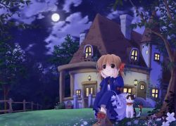 Rule 34 | 1girl, bell, boots, brown hair, cat, cloud, dress, flower, full moon, grey eyes, house, moon, night, outdoors, ribbon, shoes, short hair, sitting, smile, solo, tree