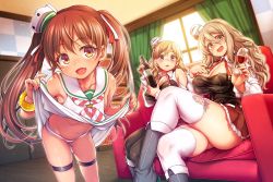 Rule 34 | bad id, bad twitter id, black legwear, blonde hair, bookshelf, bottle, breasts, brown eyes, brown hair, cleavage, clothes lift, couch, cup, dress, dress lift, drinking glass, fang, flat chest, highres, inactive account, indoors, kantai collection, large breasts, libeccio (kancolle), long hair, nipple slip, nipples, panties, pola (kancolle), purple eyes, striped clothes, striped panties, thighhighs, twintails, underwear, uousa-ou, white legwear, wine bottle, wine glass, zara (kancolle)