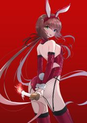 Rule 34 | 1girl, absurdres, brown hair, candle, fishnet pantyhose, fishnets, hair ribbon, heterochromia, highres, leotard, long hair, pantyhose, playboy bunny, rabbit ears, rabbit tail, red background, red leotard, red thighhighs, ribbon, ryoubi (senran kagura), senran kagura, strapless, strapless leotard, thighhighs, tongue, tongue out, twintails