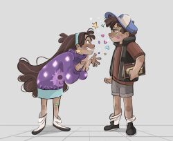 Rule 34 | 1boy, 1girl, angry, annoyed, aqua hairband, bandaid, bandaid on leg, baseball cap, black footwear, blue headwear, book, braces, brother and sister, brown eyes, brown hair, brown shorts, clenched hand, confetti, dipper pines, earrings, eye contact, freckles, frown, glitter, gravity falls, grin, hairband, half-closed eyes, hat, heart, highres, holding, holding book, jewelry, jjgg art, leaning forward, long hair, long sleeves, looking at another, loose socks, mabel pines, pine tree, purple sweater, red shirt, shirt, shoes, short sleeves, shorts, siblings, sleeveless, sleeveless jacket, smile, sneakers, socks, star (symbol), star earrings, sticker on face, sweater, t-shirt, tree, tree print, turtleneck, turtleneck sweater, twins, very long hair, white socks