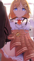 Rule 34 | 1girl, blonde hair, blue eyes, eyes visible through hair, foreshortening, from below, hair ornament, high-waist skirt, highres, hololive, hololive english, lrig, necktie, plaid, plaid skirt, pocket watch, skirt, solo, stethoscope, thighhighs, thighs, virtual youtuber, watch, watson amelia, watson amelia (1st costume), zettai ryouiki