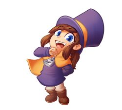 1girl :d a_hat_in_time ankle_boots arm_behind_back blue_eyes boots brown_footwear brown_hair brown_pants cape child clenched_hand commentary english_commentary full_body hat hat_kid hat_ribbon jacket long_hair long_sleeves looking_at_viewer open_mouth pants ponytail purple_hat purple_jacket ribbon sayman sidelocks simple_background smile solo standing teeth top_hat transparent_background upper_teeth_only yellow_cape yellow_ribbon zipper_pull_tab